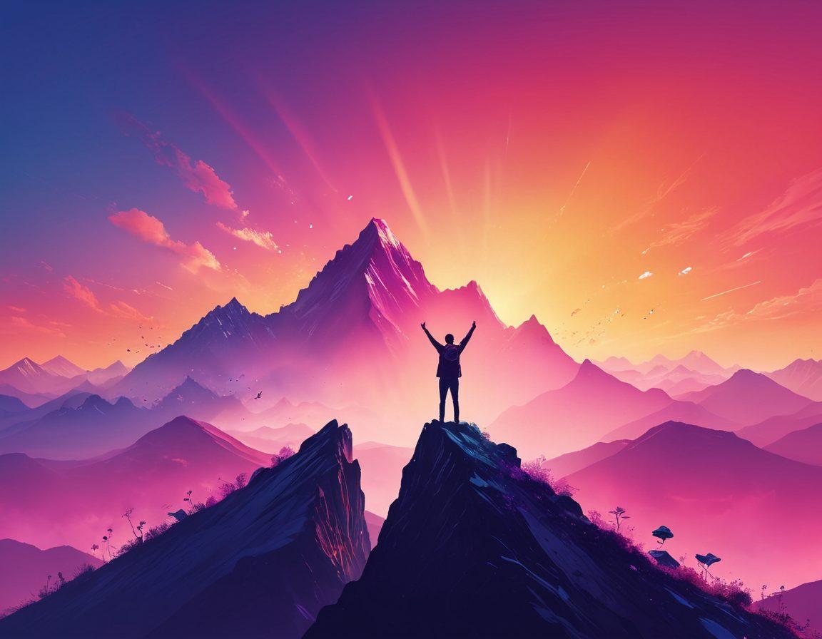 A dynamic silhouette of a person standing on a mountain peak, arms raised in triumph, surrounded by an ethereal digital landscape filled with icons of blogging and social media, illustrating creativity and empowerment. The sky is a gradient of vibrant colors, symbolizing hope and inspiration. super-realistic. vibrant colors. digital art.