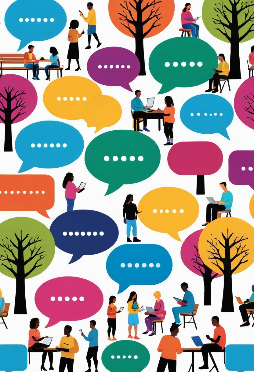 A vibrant collage of diverse people engaged in creating content, such as writing, filming, and sharing on social media. Each individual's unique story is represented through colorful speech bubbles and visual elements like images and icons surrounding them. The background features a warm and inviting community atmosphere with trees and benches, symbolizing connection. Highlight an array of digital devices to represent user-generated content. super-realistic. vibrant colors. white background.