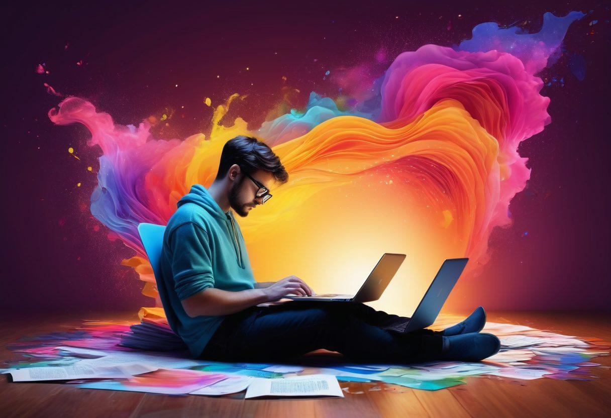 A serene digital workspace featuring an artist at a laptop, surrounded by floating pages with colorful text and illustrations, depicting the transformation of thoughts into impactful articles. Incorporate elements like a coffee cup, digital tools, and glowing light effects to evoke creativity and inspiration. The background should include a blend of vibrant colors and abstract shapes symbolizing ideas flowing into reality. magical realism. vibrant colors. 3D.
